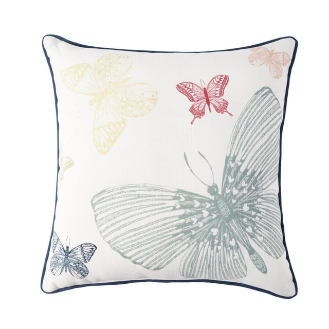 Butterfly Toss Cushion 2-Pack with square white cushions trimmed in navy blue piping, decorated with detailed butterfly prints in grey, red, yellow, and peach on water-repellent, UV-treated 100% recycled polyester, ideal for enhancing outdoor patio and porch decor.