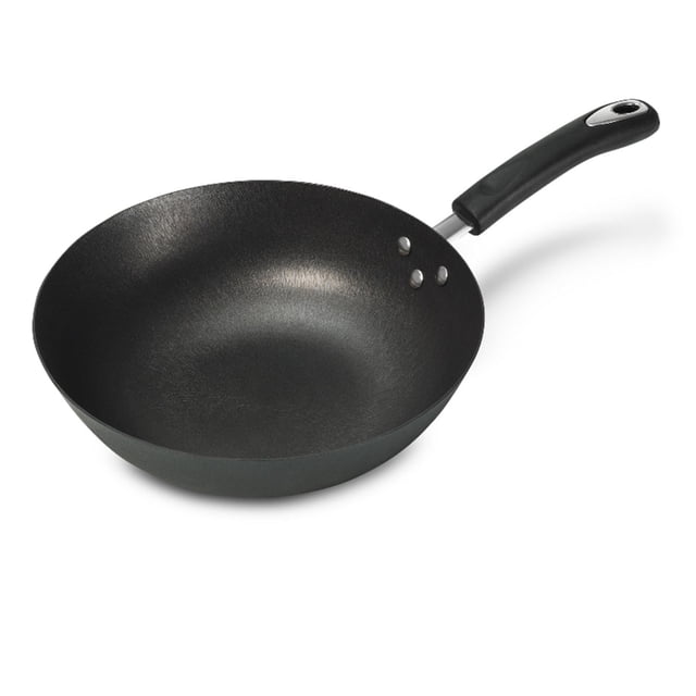 Starfrit 12" cast iron non-stick wok with black textured interior and ergonomic handle, designed for quick heat distribution and easy cleaning, ideal for stir-frying vegetables, meats, and Asian recipes at home.