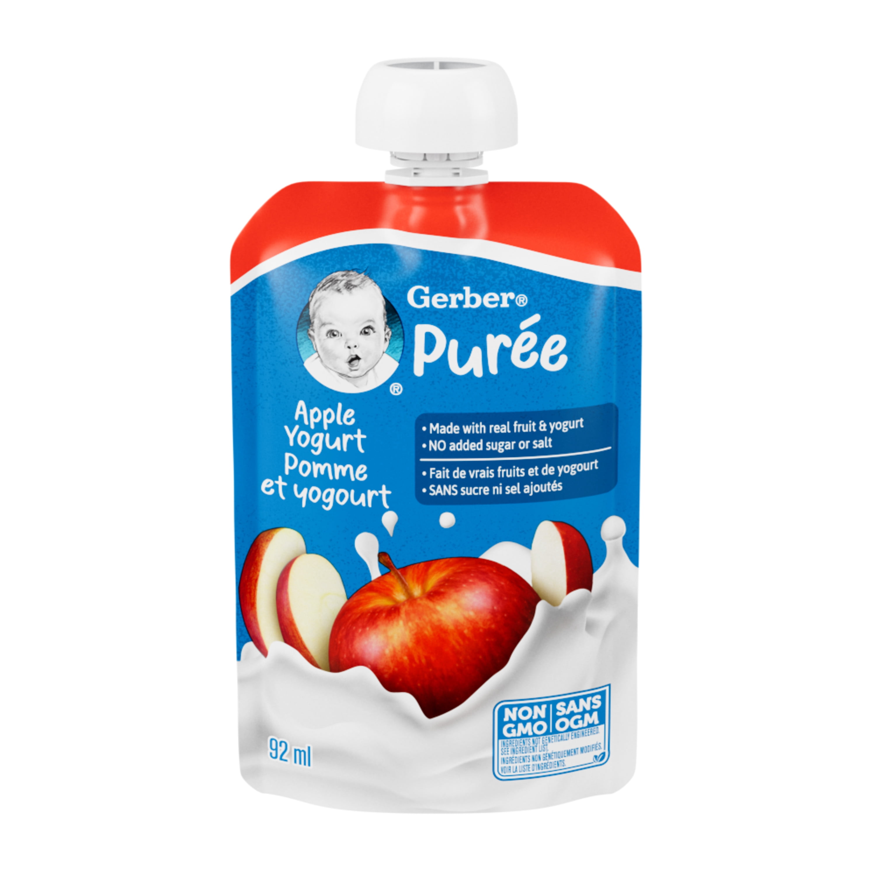 GERBER Purée Pommes et Yogourt, Faite avec de Vrais Fruits et du Yogourt, pour Bébés et Tout-Petits, Sans Sucre Ajouté, Sans Sel Ajouté, non-OGM, Sachet Refermable avec Bec 92ml