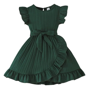 Splozh Robe Tutu pour Bébé Fille, Robes de Printemps Été pour Filles, Manches Volantées, Coupe Trapèze avec Ceinture et Poches, Robe de Fête Décontractée pour Enfants, Vert Foncé, 5-6 Ans