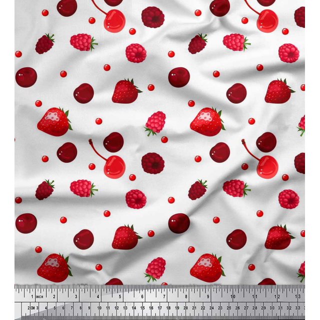 Soimoi Modal Satin Fabric Raspberry,Strawberry & Cherry Fruits Printed Craft Fabric by The Yard 42 Inch Wide