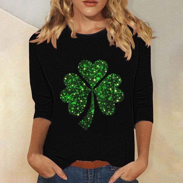 Meichang Hauts à Manches 3/4 pour Femmes T-Shirts de la Saint-Patrick Mignons T-Shirts Graphiques Trèfle Col Rond Blouses Trèfle Liquidation pour Femmes Hauts de la Saint-Patrick
