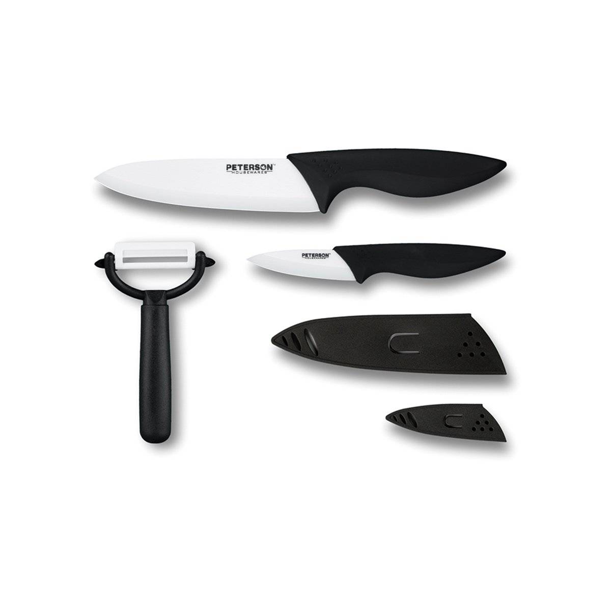 CERAMIC KNIFE SET, 5 PIECES (3", 6", Peeler + 2 Sheaths. ColorBox w/PVC Tray