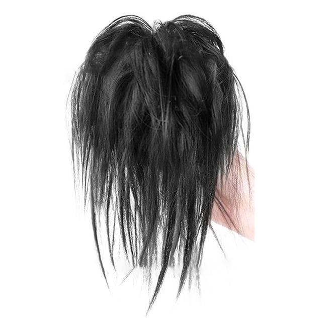 Hair Bun Extensions Messy Straight Elastic Claw Clip Hair Hairpiece G4O0 in natural black color. The hairpiece features a soft, lightweight texture with high glossiness, designed for women and girls of all ages. It includes a breathable mesh interior for added comfort and a secure elastic claw clip for easy attachment. Suitable for sparse to dense hair, this 40g hair extension is ideal for creating a messy bun style. The product is crafted from premium materials and is eco-friendly. Package includes one wig.