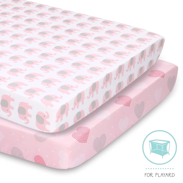 The Peanutshell Éléphants Roses et Hearts Ensemble de Draps de Lit de Bébé, Lot de 2