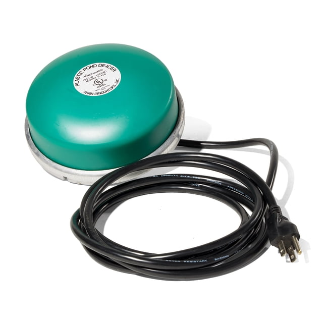 Farm Innovators P-418 1250 Watts 7.5 Inch Cast Aluminum Float Pond DeIcer with a green dome-shaped top and cast aluminum base. Features a 10-foot grounded power cord and a thermostatically controlled design to prevent pond icing. Suitable for ponds between 50-600 gallons.