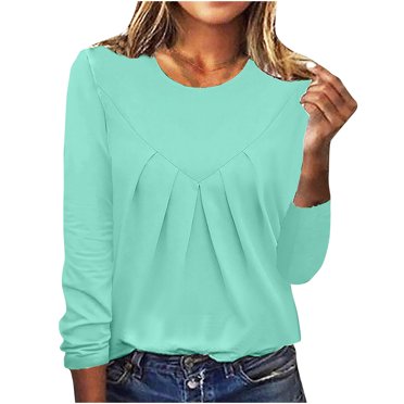 AherBiu T-Shirts à Manches Longues pour Femmes, Col Ras du Cou, Froncés, Basiques, Tuniques Ou Hauts à Porter avec des Leggings