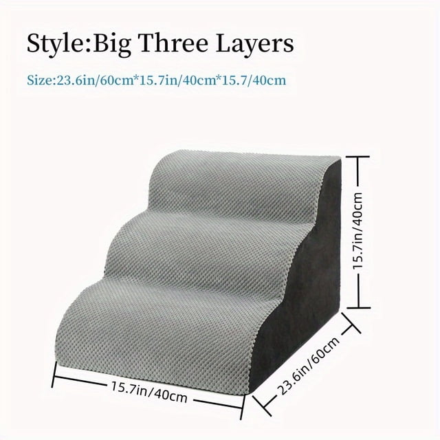 Dog Stairs Up And Down Sofa Bed Sponge Steps Gradient Cat Small Dog Stairs by GRM. Grey three-layer design made of sponge material with a textured surface. Dimensions: 23.6 inches (60 cm) in length, 15.7 inches (40 cm) in width, and 15.7 inches (40 cm) in height. Suitable for small pets to access sofas or beds.