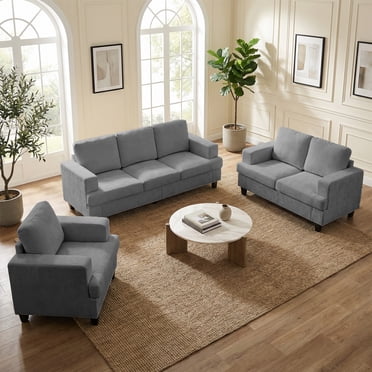 Mjkone 3 Piece Living Room Furniture Sets, Chenille Couch and Loveseat Set, Modern Sectional Sofa Sets for Living Room,Light Grey