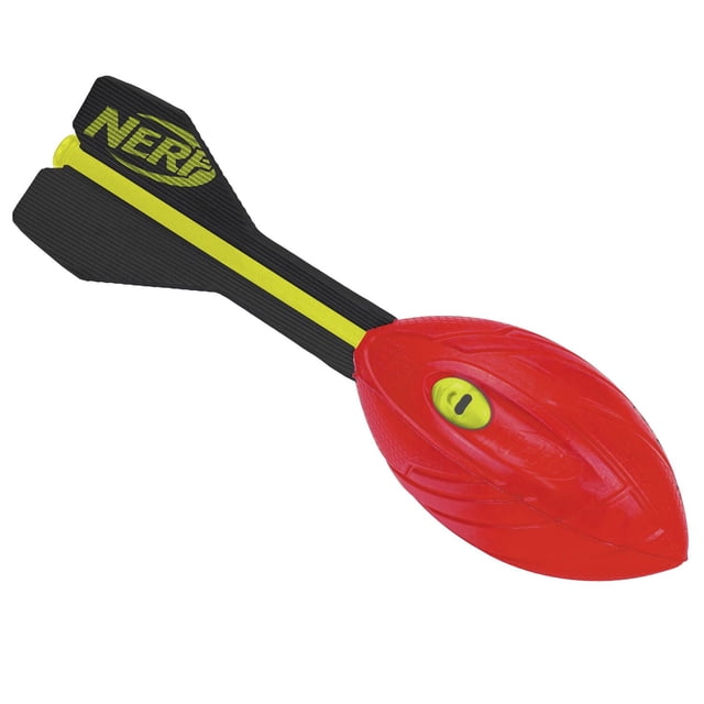 Nerf Vortex Aero Howler foam football with a red textured body and black tail fin featuring a yellow stripe and Nerf logo, designed with built-in air holes and a finned tail for aerodynamic flight and a howling sound, ideal for indoor and outdoor sports games.