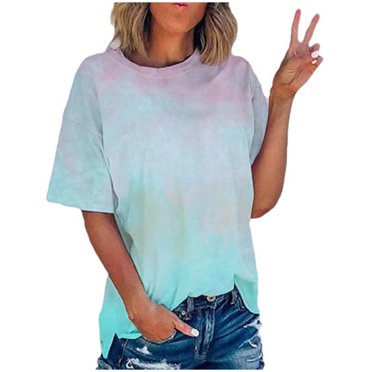 Timegard Plus Size Tops for Women Gradient Color Short Sleeve Round Neck T Shirts Casual Trendy Tunic Blouses