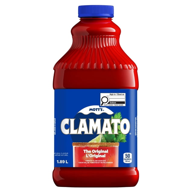 Mott's Clamato Original, 1.89L bottle with a blue label featuring the brand name and a tomato clam cocktail image, highlighting its natural flavour and 50 calories per 250 ml serving, ideal for making savory Caesar cocktails or enjoyed alone.