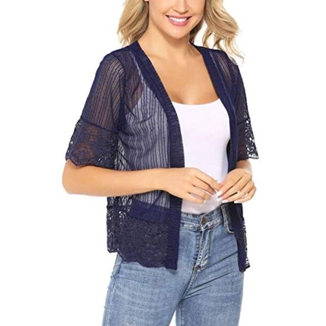 Summer Women's Open Front Shrug Short Sleeve Solid Color Lace Patchwork Cardigan Sheer Bolero Cover Up