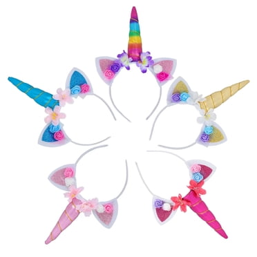 AROGEAR Unicorn Horn Headband Flower Ears Headband Rainbow Color 5 Pack in Different Design for Girl Party Birthday Cosplay Festivals