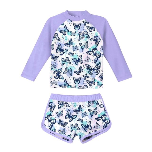 PMVFHDE swimsuit high-waisted two-piece kids swimsuit set for girls in light purple, size 8-9 years. The set includes a long-sleeve top and matching shorts, both featuring a vibrant butterfly print on a white background with purple accents. Made with quick-drying fabric, this tankini is ideal for swimming lessons, beach days, or pool parties.