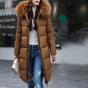 IROINID Women's Winter Warm Mid-Long Coat Solid Color Anorak Jacket Long Sleeve Outwear, Coffee
