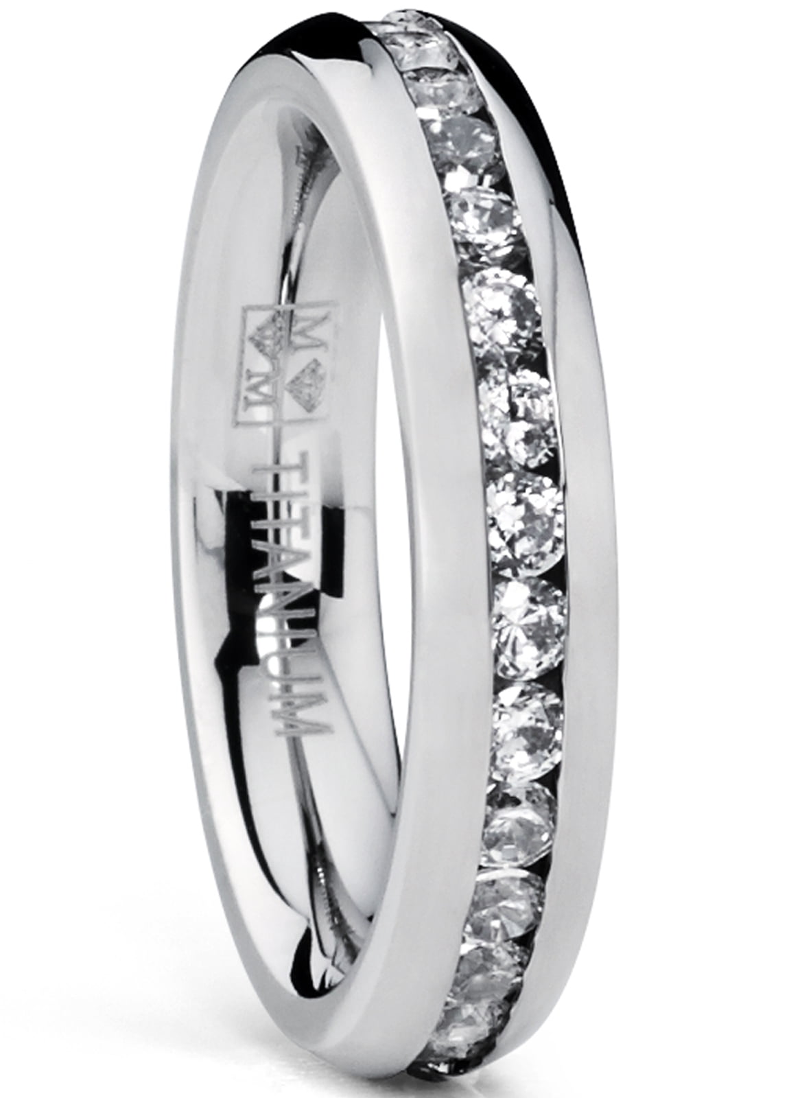 Women's 4MM High Polish Ladies Eternity Titanium Ring Wedding Cubic Zirconia