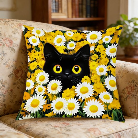 Black Cat Flower Throw Pillow Covers 18x18,Spring Boho Decorative Animal Pillow Covers,Easter Decorative Pillow Covers with Zipper Cute Boho Summer Throw Pillowcases for Living Room Couch Sofa Bed