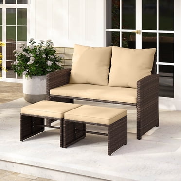Costway Causeuse d'Extérieur avec Ottomans, Ensemble de Mobilier de Patio en Rotin PE 3 Pcs avec Coussins
