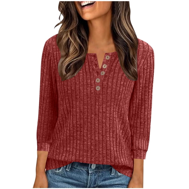 Erwazi Chandail pour Femmes à Manches 3/4, Col Ras du Cou à Boutons, Chandails à Enfiler, Été Automne, Tricot Henley, Coupe Régulière, Hauts pour Femmes
