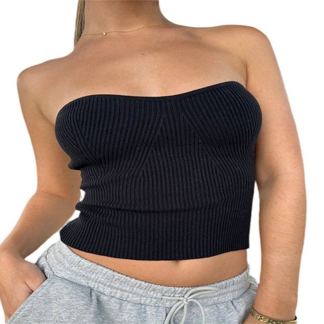 Women Ribbed Bandeau Tube Tops Solid Color Y2K Sleeveless Backless Off-Shoulder Crop Tops Streetwear White XL