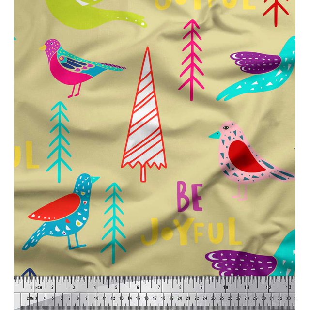 Soimoi Beige Poly Georgette Fabric Text & Bird Artistic Fabric Prints By Yard 52 Inch Wide