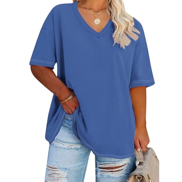 LOVZFMLL T-Shirts pour Femmes Grande Taille à Col en V d'Été à Manches Mi-Longues T-Shirts Décontractés Coupe Ample Tuniques Basiques Hauts d'Entraînement Vêtements de Gym Bleu A 3TG