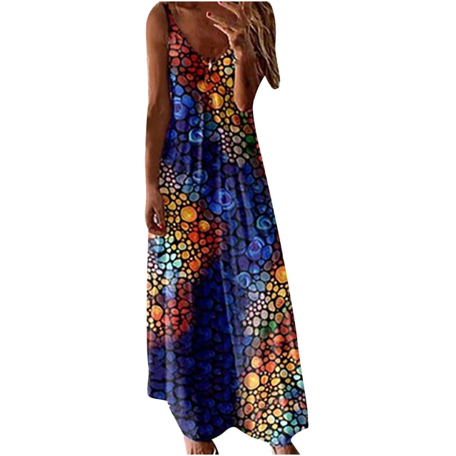 Fridja Été Femmes V-Cou Casual Impression en Vrac Sans Manches Longue Robe