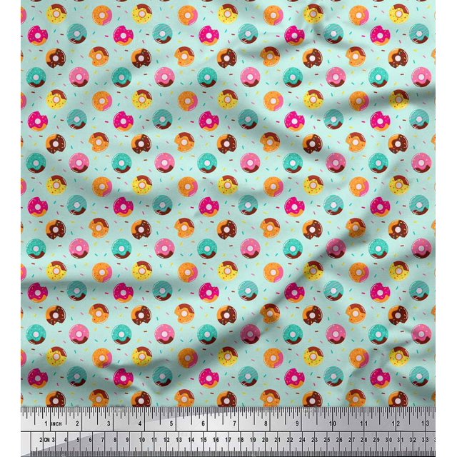 Soimoi Green polyester Crepe Fabric Donuts Food Print Sewing Fabric Yard 52 Inch Wide