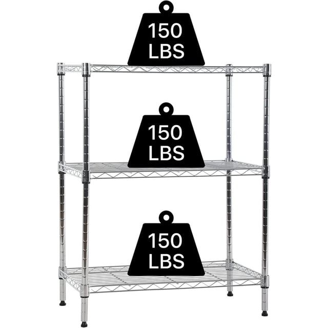 NiamVelo 3 Tier Shelf Storage Rack Metal Wire Shelving Unit in silver, featuring a durable steel frame with adjustable shelves. Each shelf supports up to 150 lbs, with a total capacity of 450 lbs. The compact design measures 23 inches long, 13.2 inches wide, and 30.2 inches high, making it ideal for kitchens, garages, or small spaces. Includes leveler feet for stability on uneven surfaces.