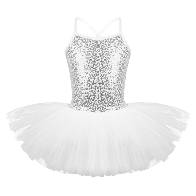 Ocealan Justaucorps de Danse Ballet à Paillettes pour Filles, Bretelles Spaghetti, Dos Croisé, Robe Ballerine Blanche 4TG