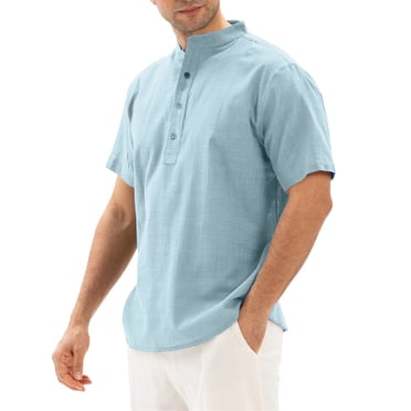 EGNMCR Men's Summer Cotton Linen Solid Color Casual Short Sleeve Shirt