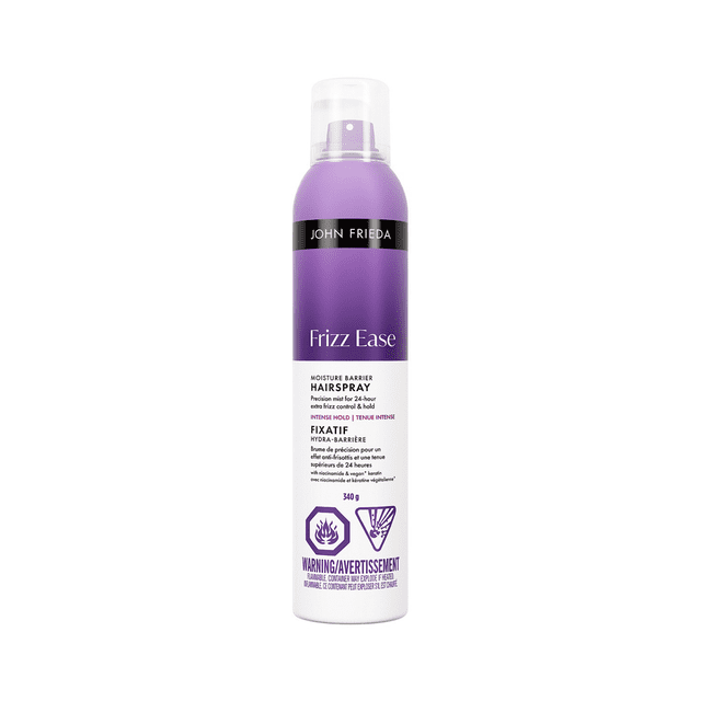 John Frieda Frizz Ease Moisture Barrier Intense Hold Hairspray in a 340 g purple and white aerosol can with black band, offering 24-hour intense hold and moisture barrier for frizz control and humidity protection, featuring flammable and eye irritation warnings.