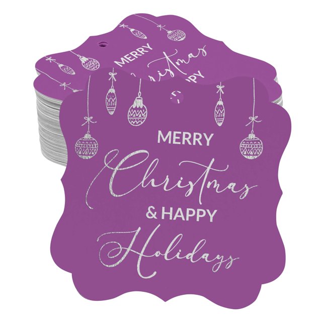 Inkdotpot Real Silver Foil Bracket Shape Paper Hang Tags Merry Christmas & Happy Text Favor Tags Pack Of 50