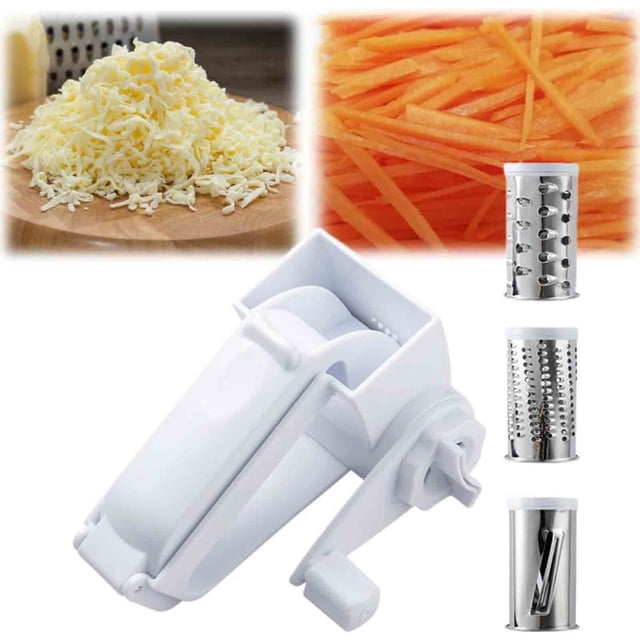 Vaidha Râpe à Fromage Rotative à Manivelle avec un Corps compact en Plastique ABS Blanc et des Composants en Acier Inoxydable. l'Image Montre la Râpe à Côté de Trois Lames Interchangeables en Tambour en Acier Inoxydable pour Râper, Râper et Trancher. Sont Également Affichés le Fromage Râpé, les Carottes Râpées et le design Ergonomique à Manivelle de la Râpe, Soulignant Son Usage Multifonction pour le Fromage, les Légumes et le Chocolat.