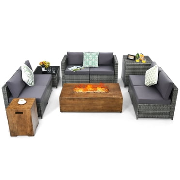 Patiojoy Ensemble de 10 Pcs de Meubles d'Extérieur en Rotin Ensemble de Canapé Sectionnel avec Table à Foyer de 50 000 BTU Support de Réservoir et Housse