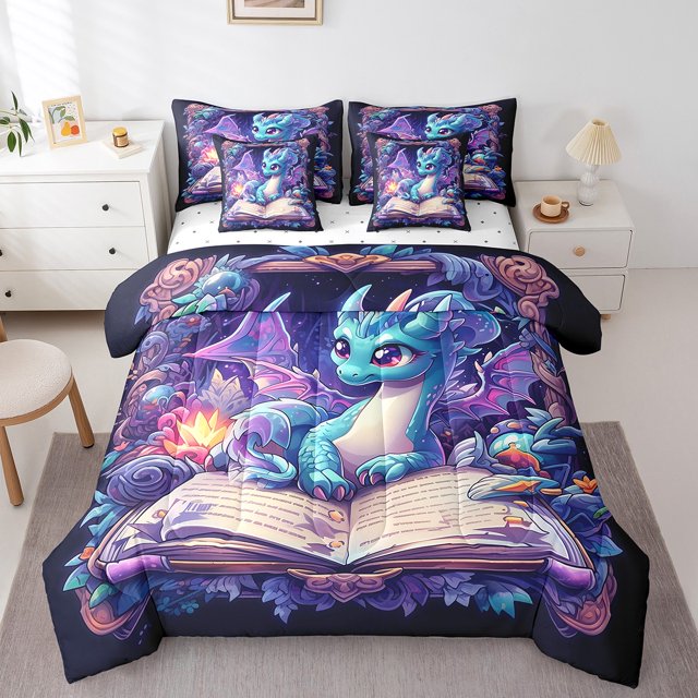 YST Cartoon Dragon Bedding Set, Kawaii Wildlife Theme, Full Size (7 Count)