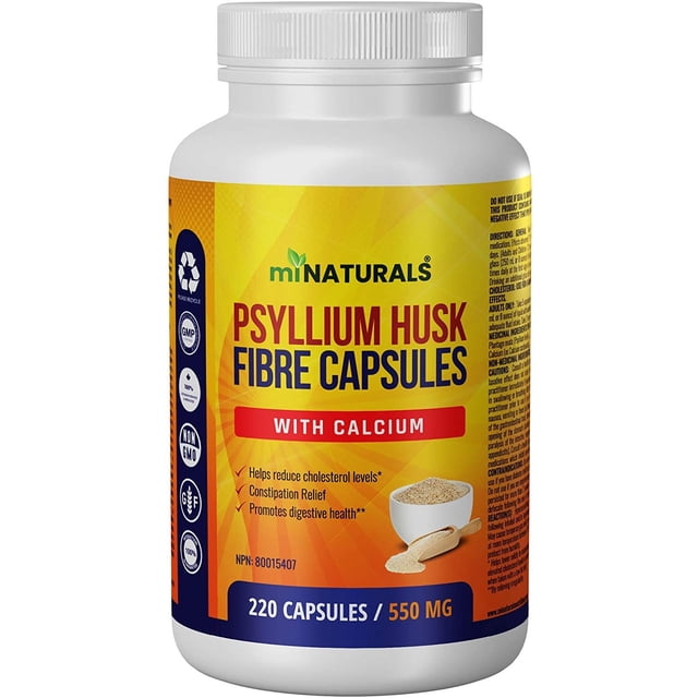 miNATURALS Psyllium Husk + Calcium Fiber Capsules Supplement, 220 capsules, 550 mg per serving. The bottle features a yellow and orange gradient label with bold text highlighting benefits such as cholesterol reduction, constipation relief, and digestive health support. Includes a graphic of psyllium husk powder and capsules. Non-GMO, gluten-free, and made in Canada.
