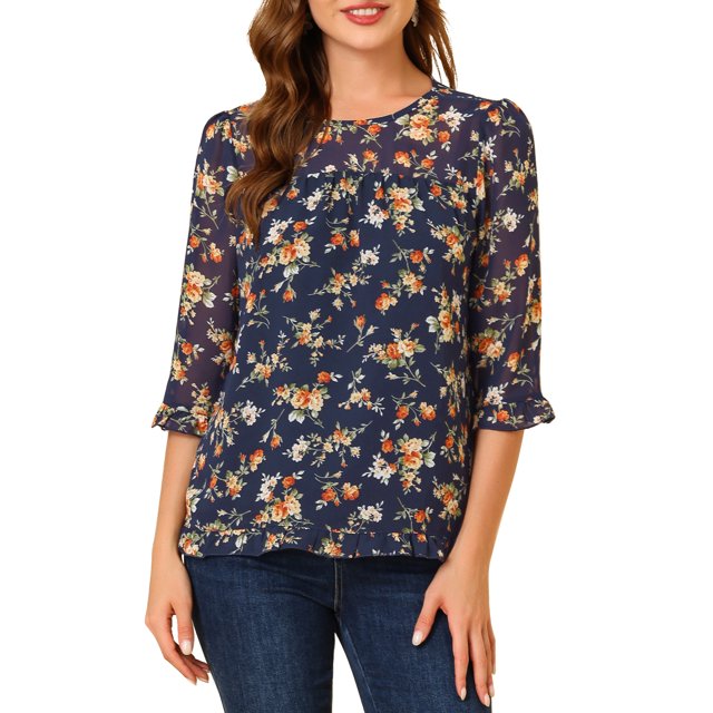 INSPIRE CHIC Women's Tops 3/4 Sleeves Ruffle Hem Floral Chiffon Shirt Blouses XS Navy