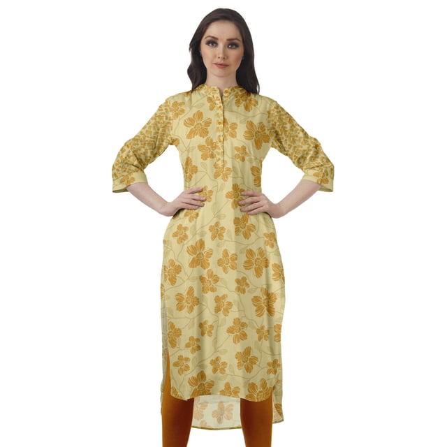 Moomaya Kurta d'Été en Coton Longueur Genou Imprimé Manches Retroussables Kurtis pour Femmes
