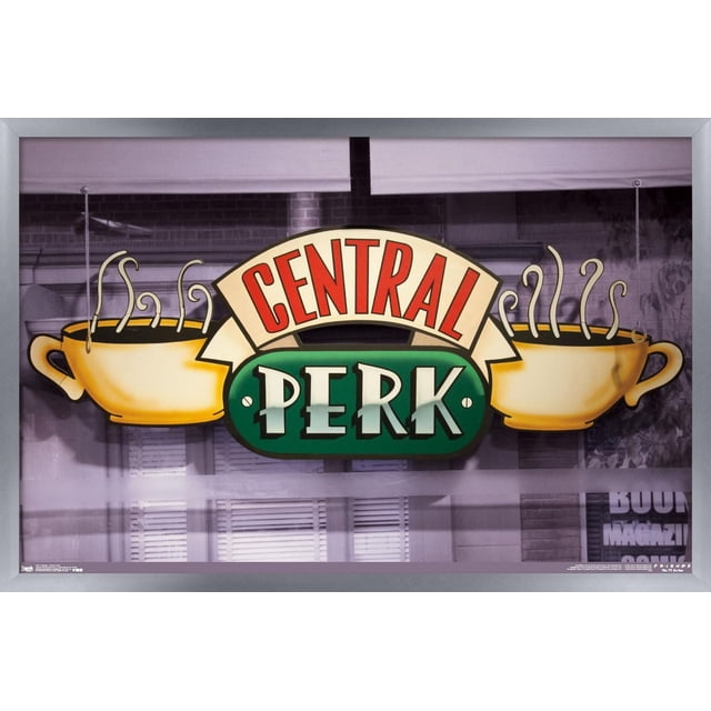 Friends - Central Perk Wall Poster, 22.375" x 34", featuring the Central Perk logo with two steaming yellow coffee cups on either side of the green and red text, printed on glossy poster paper suitable for wall art and room decor in bedrooms, offices, or dorms.