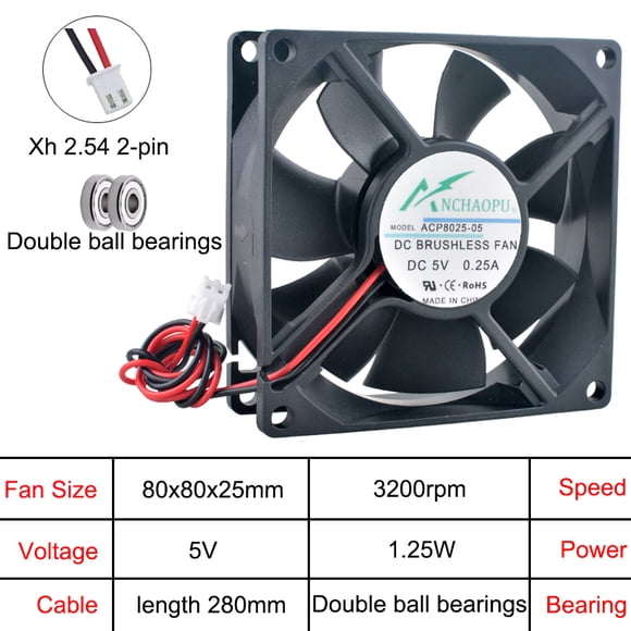 ACP8025 80mm Cooling Fan 80x80x25mm DC 5V/12V/24V 2-Pin Axial Flow Fan for Chassis Power Frequency Converter Computer Case DC5V Double ball 80x80x25mm