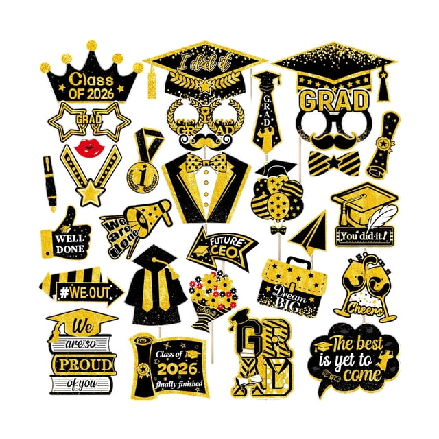pdqouc 2026 Graduation Photo Booth Props, Black Gold Graduation Photo Prop Frame & Grad Photo Booth Props, Funny Grad Party Selfie Props, Selfie Photo Frame for High School and College Grad