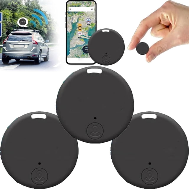 Easy Find Mini GPS Tracker, a set of three compact black GPS tracking devices with a coin-sized design. Features include Bluetooth connectivity, anti-lost alerts, and a 15-meter effective range. Shown with a smartphone displaying a tracking app and a car in the background.