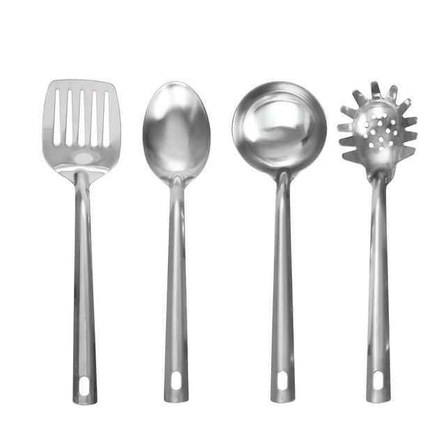 Mainstays Stainless Steel 4-Piece Kitchen Utensil Set with spatula, slotted spoon, ladle, and pasta spoon made of corrosion-resistant stainless steel featuring ergonomic handles and hanging holes, dishwasher safe and suitable for indoor or outdoor cooking.