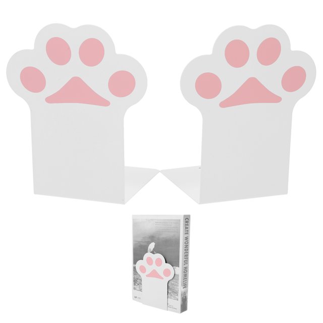 2Pcs Crafted Book Organizer Decorative Book Ends File Book Holders Exquisite Book Holders. This set includes two white iron bookends with a playful pink paw print design. Each bookend measures 14.50x12.20x10.00cm (5.70x4.79x3.93in) and features a durable, non-slip base for stability. Ideal for organizing books on desks, shelves, or in offices and living rooms, these bookends also serve as decorative accents. The smooth edges ensure safe handling, and the elegant design adds a touch of charm to any space.