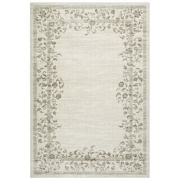 Washable Area Rug - Soft Non-Slip Low Pile Modern Floral Bordered Carpet, Mark Resistant Accent Rug for Living Room, Bedroom, Dining Room, Office - Beige, 5x7ft (152x213cm), USA Stock
