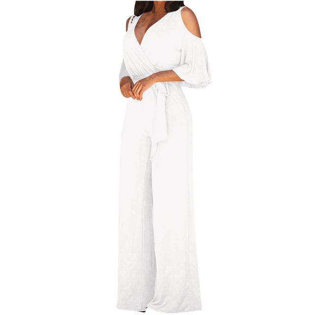 Penkiiy Combinaisons pour Femmes Mode Pantalons Larges Unis Manches Courtes Col en V Combinaisons Blanches P Combinaisons