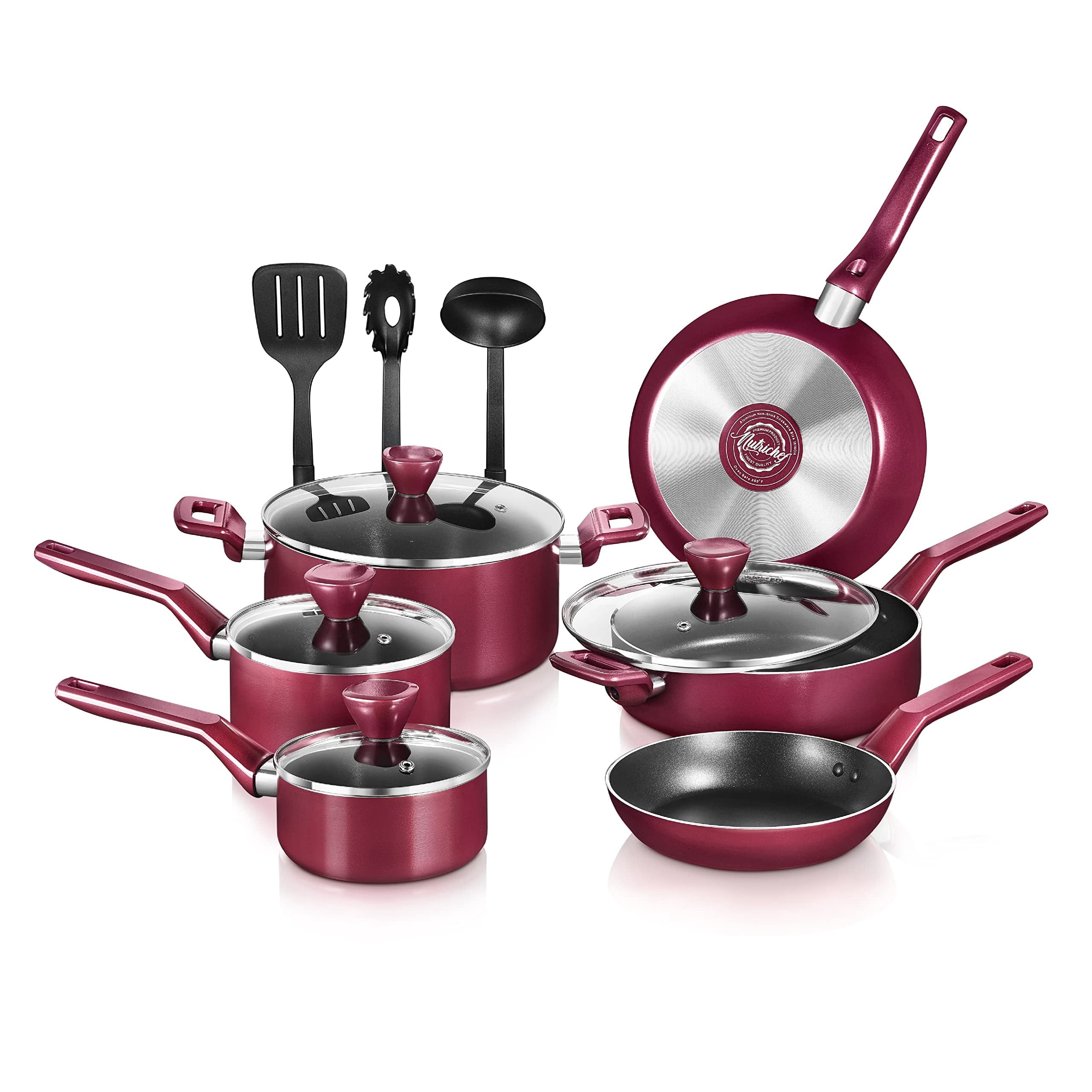 NutriChef 13 Pcs. Nonstick Kitchen Cookware PTFE/PFOA/PFOS-Free Heat Resistant Kitchenware Set w/Saucepan, Frying Pans, Cooking Pots, Casserole, Lids, & Utensils, Red NCCWA13RD