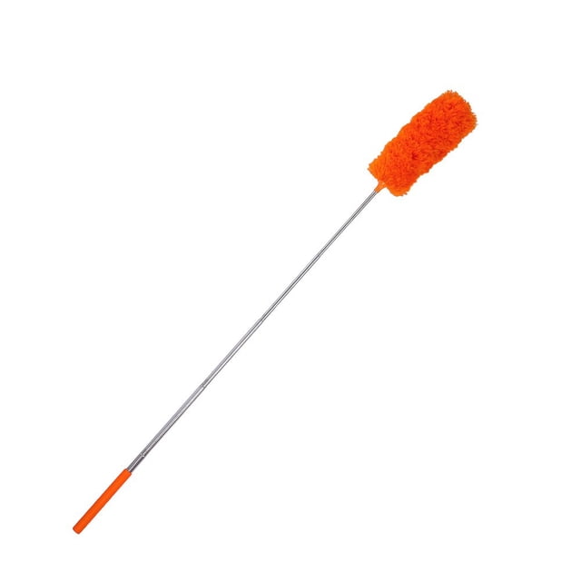 Microfiber Feather Duster, Cobweb Duster with Extension Pole by LEUTSIN, featuring an extendable aluminum pole up to 40 inches and a bright orange microfiber head. Ideal for cleaning ceiling fans, high ceilings, blinds, furniture, and cars. The duster head is washable and reusable, and the pole is lightweight and durable, making it suitable for hard-to-reach areas like roof corners, chandeliers, and car interiors.